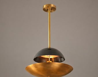 Sunrise Brass Chandelier, Dual Tone Disc Pendant Light, Mid Century Statement Fixture