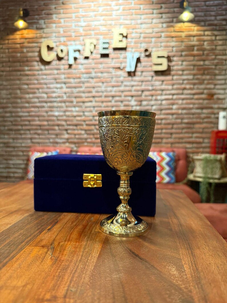 Embossed Brass Wine Gold Goblet With Blue Velvet Box: Royal Communion ...