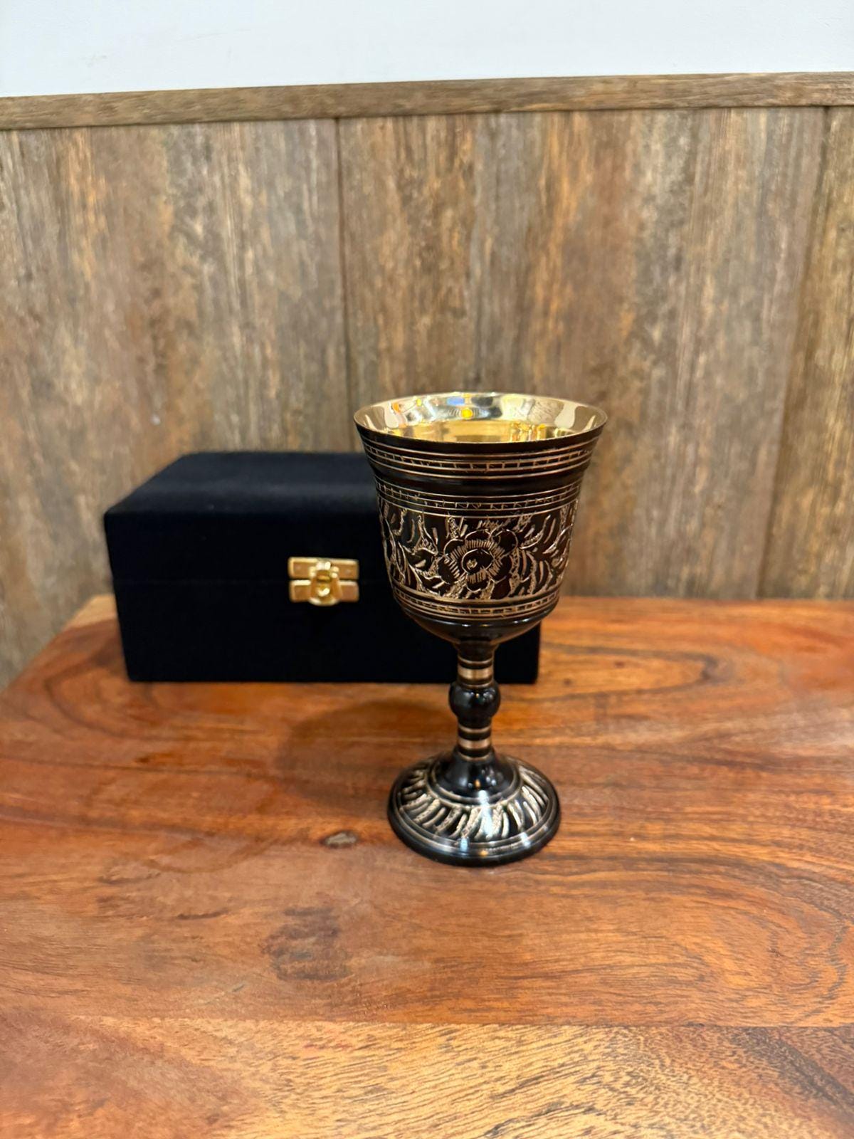 Embossed Black Wine Goblet With Black Velvet Box: Brass Ceremonial ...