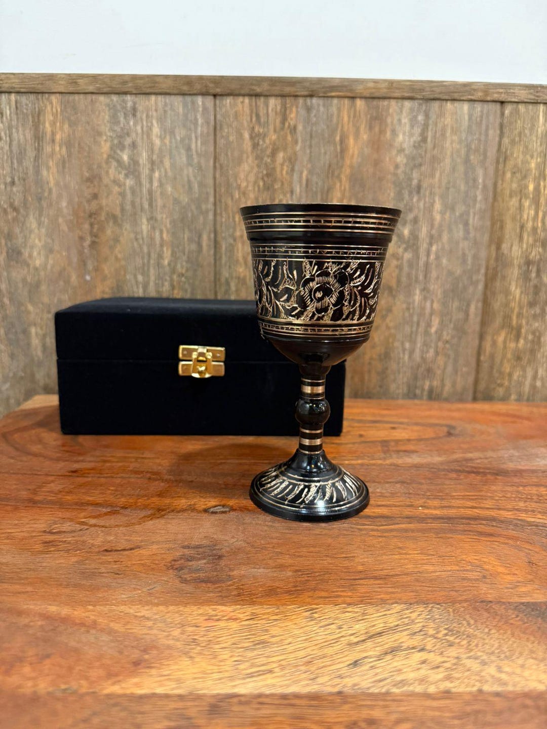 Embossed Black Wine Goblet With Black Velvet Box: Brass Ceremonial ...