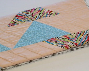 Modern Triangle Quilt, Light Blue Peach Quilt, Homemade Throw Quilt