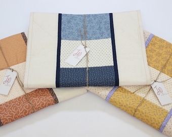 Handmade Vintage Floral Cotton Table Runner, Blue Orange Yellow Patchwork Quilt