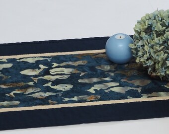 Navy Blue Whale Batik Quilted Table Runner | Coastal Dining & Nautical Home Decor