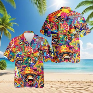 Puede incluir: Una camisa de manga corta con un diseño psicodélico vibrante que presenta coloridas setas, ojos y caras. La camisa está ambientada en un fondo de playa con palmeras y cielo azul. La camisa es un caleidoscopio de colores.