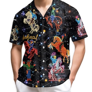 Cowboy Space Hawaiian Shirt Neon Western Aloha Shirt Cosmic Rodeo Button Up Unisex Festival Shirt, Unisex Nature Art Button Up