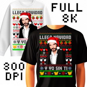 Könnte beinhalten: Ein weißes Sweatshirt und ein schwarzes T-Shirt mit einem weihnachtlichen Design. Das Design zeigt einen Mann mit Weihnachtsmütze, den Text "LLEGA NOVIDAD" und festliche Grafiken. Das Bild enthält auch den Text "FULL 8K" und "300 DPI".