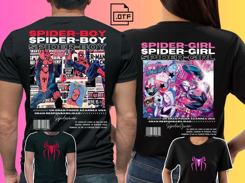 May include: Black t-shirts with Spider-Man and Spider-Gwen comic book designs. The Spider-Man shirt has a red spider logo on the front and the text "Spider-Boy". The Spider-Gwen shirt has a pink spider logo and the text "Spider-Girl".