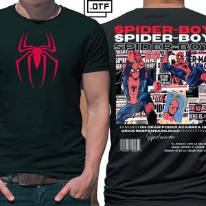 May include: Black t-shirt with a red spider emblem on the front. The back showcases a comic-style design with Spider-Man illustrations and the words "SPIDER-BOY".