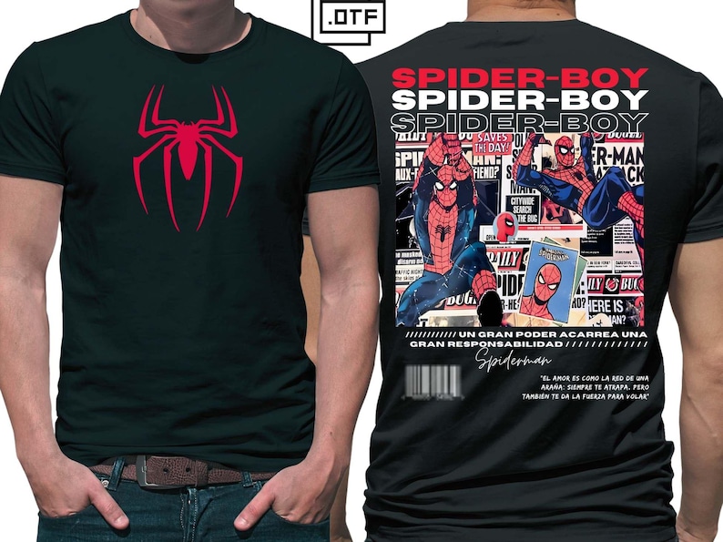 May include: Black t-shirt with a red spider emblem on the front. The back showcases a comic-style design with Spider-Man illustrations and the words "SPIDER-BOY".