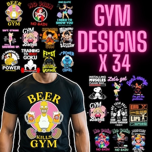Könnte beinhalten: Ein schwarzes T-Shirt mit einem Design von Homer Simpson, der Bierkrüge und eine Langhantel hält, mit dem Text "BEER KILLS GYM". Das Bild zeigt auch 34 Gym-Designs mit Cartoon-Charakteren und motivierenden Sätzen.