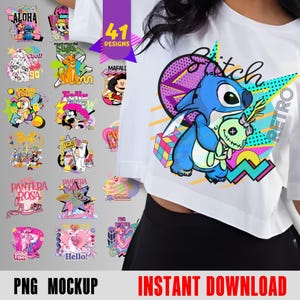 Könnte beinhalten: Ein weißes Crop-Top mit einer blauen Cartoon-Figur, die eine Puppe hält, mit dem Wort "Stitch" und "Retro" in einem farbenfrohen Design. Das Bild zeigt auch verschiedene Cartoon-Designs und den Text "41 Designs", "PNG Mockup" und "Instant Download".