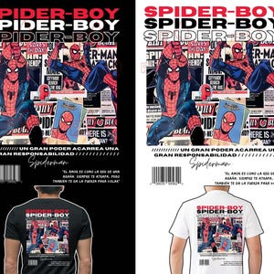 May include: A graphic design featuring the words "SPIDER-BOY" in a bold, stylized font. The design includes comic book-style illustrations of Spider-Man, with text in English and Spanish. The image is a design for a t-shirt, available in black and white.