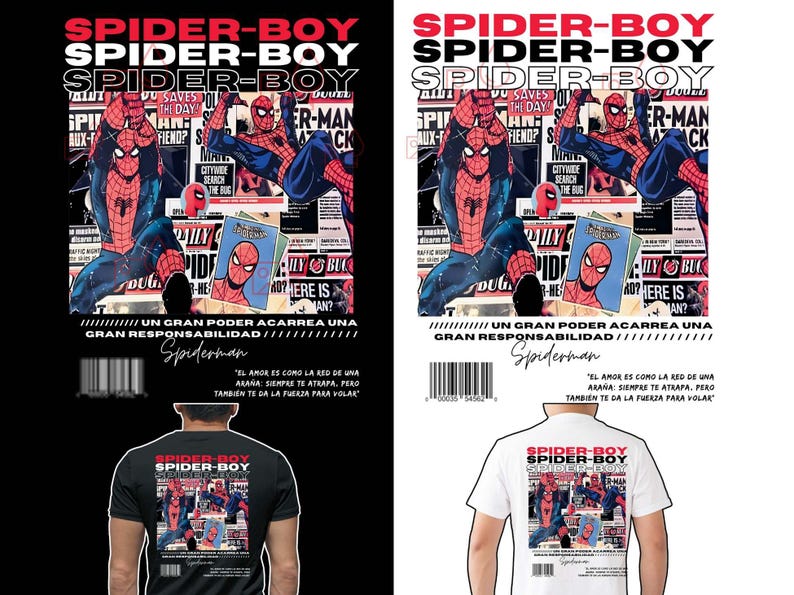 May include: A graphic design featuring the words "SPIDER-BOY" in a bold, stylized font. The design includes comic book-style illustrations of Spider-Man, with text in English and Spanish. The image is a design for a t-shirt, available in black and white.