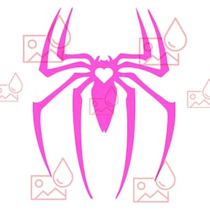 May include: A vibrant pink spider silhouette with a heart-shaped detail at its centre, set against a white backdrop. The spider features long, thin legs, creating a simple, graphic design.