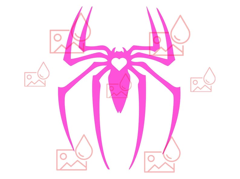 May include: A vibrant pink spider silhouette with a heart-shaped detail at its centre, set against a white backdrop. The spider features long, thin legs, creating a simple, graphic design.