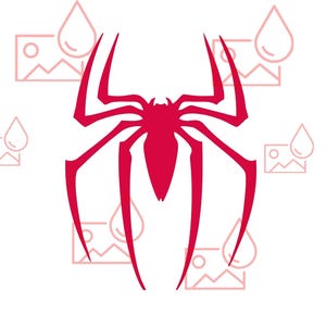 May include: A red spider logo with eight legs and a central body, set against a white background. The design is a stylized illustration, with additional light pink graphic elements of water droplets and landscape images.