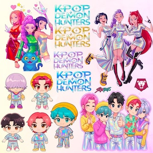 Puede incluir: Ilustración digital con múltiples personajes de K-Pop Demon Hunters. La obra de arte muestra varios personajes con atuendos vibrantes, con el texto del título en un lugar destacado. El estilo recuerda al anime y al manga.