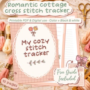 Puede incluir: Un rastreador de punto de cruz rosa y blanco con el texto "My cozy stitch tracker". El rastreador incluye una guía gratuita y está disponible en color y blanco y negro. La imagen también muestra hilo de bordar y tijeras.
