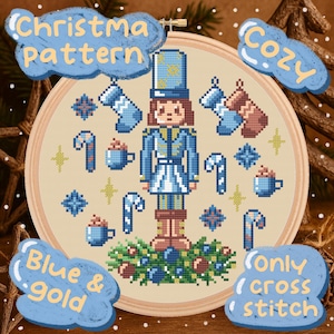 Blue Nutcracker Christmas Cross Stitch Pattern PDF | Cozy Mug, Candy Cane & Stocking | Hand-Drawn Counted Cross Stitch | Instant Download