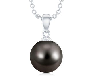 May include: A silver necklace featuring a large, dark gray pearl pendant. The pearl is round and has a glossy finish. The chain is a delicate silver link design, and the pendant's bail is also silver.