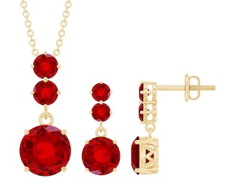 Lab Grown Ruby Dangle Jewelry Set, 925 Sterling Silver, 14k Gold Plated