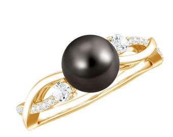 8 mm förlovningsring med naturlig svart pärla, ring med svart tahitipärla för henne, vigselring med korsad moissanit, smycken med 925 sterlingsilver