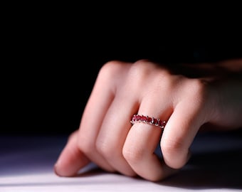 Ruby CZ Eternity Ring, 925 Sterling Silver Band, Handmade