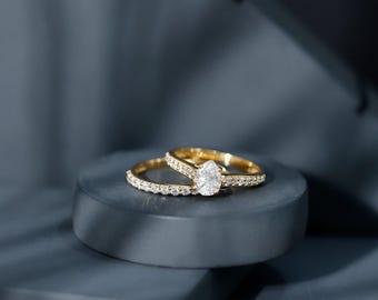 18k vergulde moissanietring, Moissaniet-peervormige verlovingsring met trouwring, 925 sterlingzilveren handgemaakte sieraden voor vrouwen