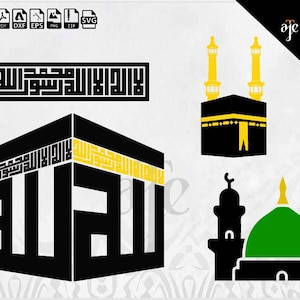 Puede incluir: Ilustraciones gráficas en negro y amarillo de símbolos religiosos islámicos, incluyendo la Kaaba, una mezquita con una cúpula verde y caligrafía árabe. La imagen también incluye iconos de tipo de archivo y el texto "aje Tajez THE ART OF LUXURY".