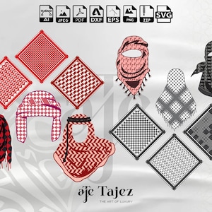 May include: Collection of traditional Middle Eastern headwear and scarves in various designs and colors, including red, black, and gray. The image includes square patterns and head coverings with tassels. The text "aje Tajez" is visible at the bottom.