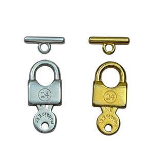 24K Gold Plated Zamak and 999 Silver Antique Plated Toggle Clasp Padlock Key (16x35mm)