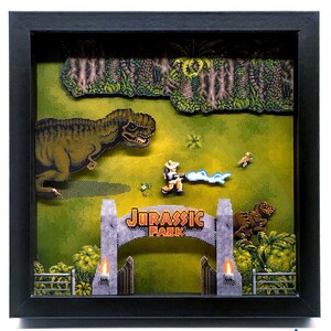 Jurassic Park - Shadow Box Pixel Art | Decorative Gaming Frame | Hand-cut and assembled