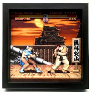Street Fighter II - shadow box pixel art | Cadre gaming décoratif | Découpage et montage fait main