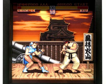 Street Fighter II - Shadow Box Pixel Art | Dekorativ spelram | Handskuren och monterad
