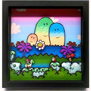 Yoshi's Island – Shadow Box Pixel Art | Dekorativer Gaming-Rahmen | Handgeschnitten und montiert
