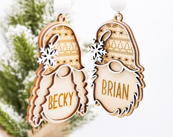 Custom Name Gnome Christmas Ornament, Boho Wood Christmas Ornament, 4 x 2.75 inches