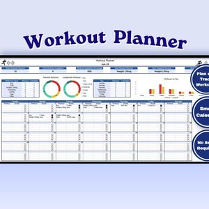 May include: A digital workout planner template featuring a monthly calendar grid, progress tracking charts, and summary statistics. The layout includes sections for planned and completed workouts, with circular badges stating Plan and Track Workouts, Smart Calendar, and No Setup Required.
