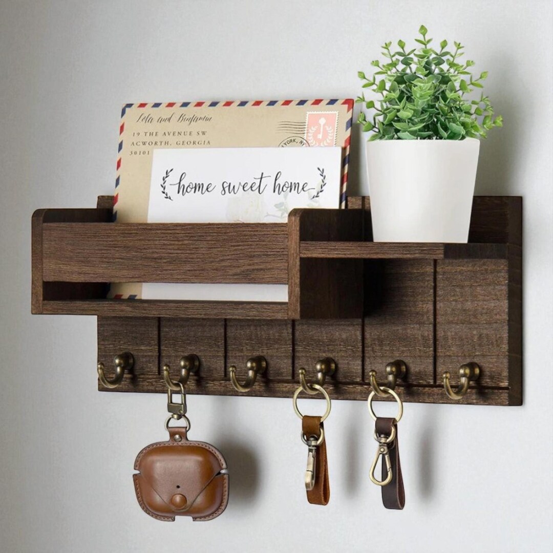Wooden Key Rack in Walnut With Brass Hooks, Modern Entryway Organizer ...