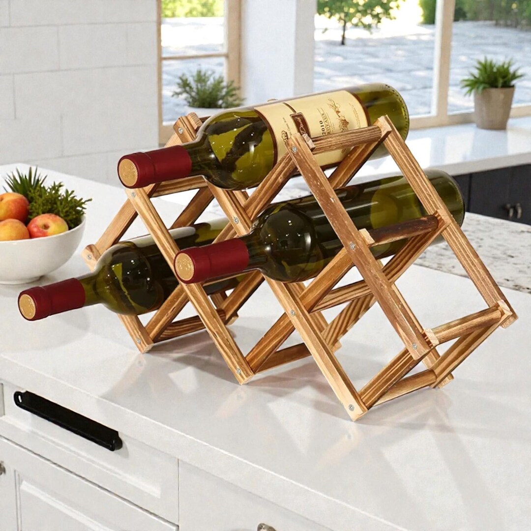 Collapsible Wooden Wine Rack – Foldable Bottle Holder Shelf, Rustic ...