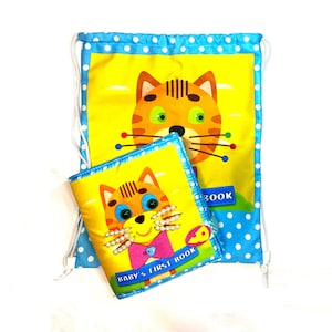 Montessori Fabric Book: Kitten. Busy Soft Quiet Interactive Book with BackPack
