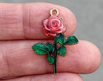 4 Rose Flower Charms Pendants in Pink and Gold - C2879