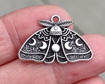 4 Lunar Moth Moon Charms in Silver Tone - C3759