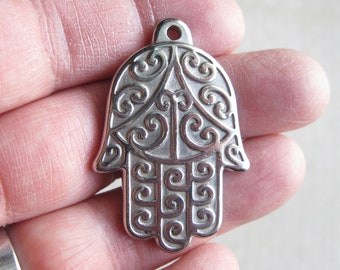 1 Hamsa Hand Pendant in Silver Tone Stainless Steel - C2943