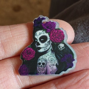 2 Day of the Dead Sugar Skull Pendants Charms in Acrylic - C3979