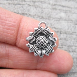 10 Sun Flower Charms in Silver Tone - C3400