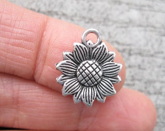 10 Sun Flower Charms in Silver Tone - C3400