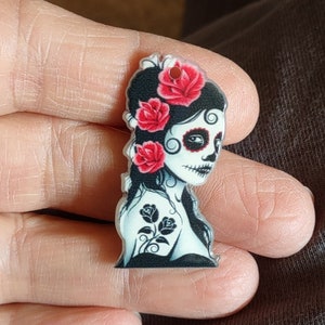 2 Day of the Dead Sugar Skull Pendants Charms in Acrylic - C3977