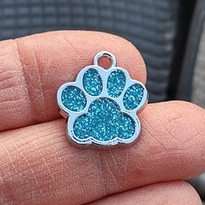5 Medium Blue Glitter paw charms pendants with silver tone backing - C3907
