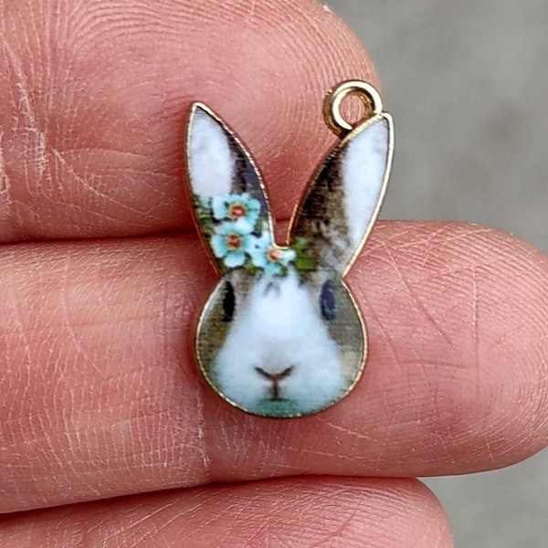 4 Bunny Charms in White Brown and Blue with Gold Tone - C3789