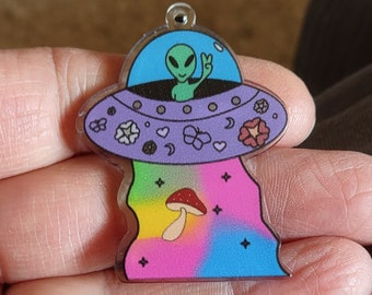 2 UFO Spaceship Martian Mushroom Pendants Charms in Acrylic - C3978